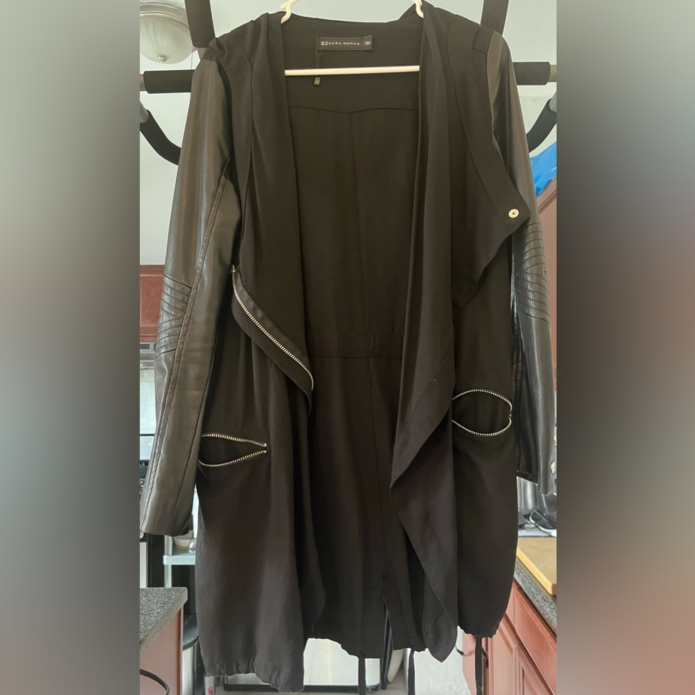 Hip Zara faux leather rocker style trench coat.